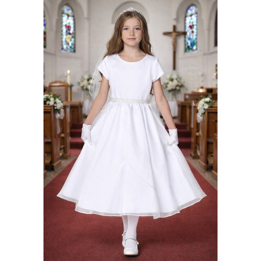NEW Girls First Holy Communion Dress Size 6 - Satin & Crystal Organza Tea-Length